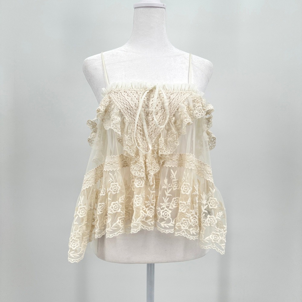 Free People Sofia Embroidered Lace Tulle Cami Tank Top Cream White Medium NWT